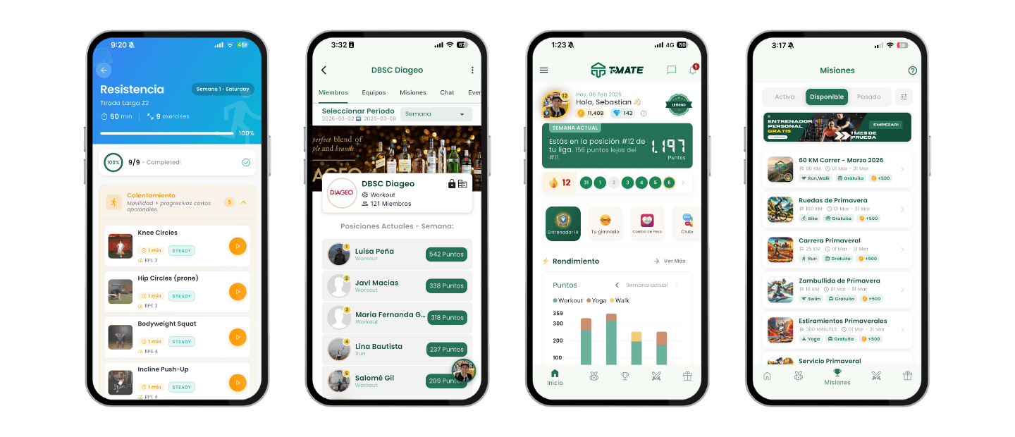 T-Mate app -rankings, retos, estadísticas y misiones
