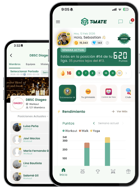 T-Mate app -vista de retos, rankings y dashboard